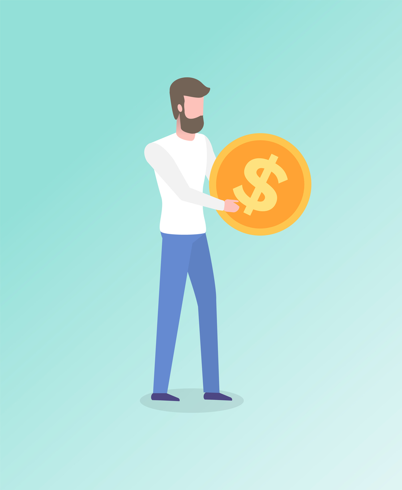Man with golden coin in hands isolated cartoon character. Vector male making investments, increasing income and financial profit, dollar sign on money. Man with Golden Coin in Hands Isolated Character