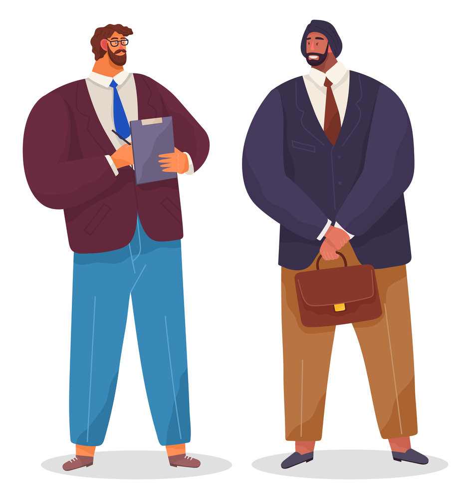 Bisinessmen meeting, partners are talking, two bearded serious men holding briefcase and clipboard. Business people communicating standing on white. Smiling friendly colleagues wearing formally. Bisinessmen meeting, partners are talking, two bearded serious men holding briefcase and clipboard