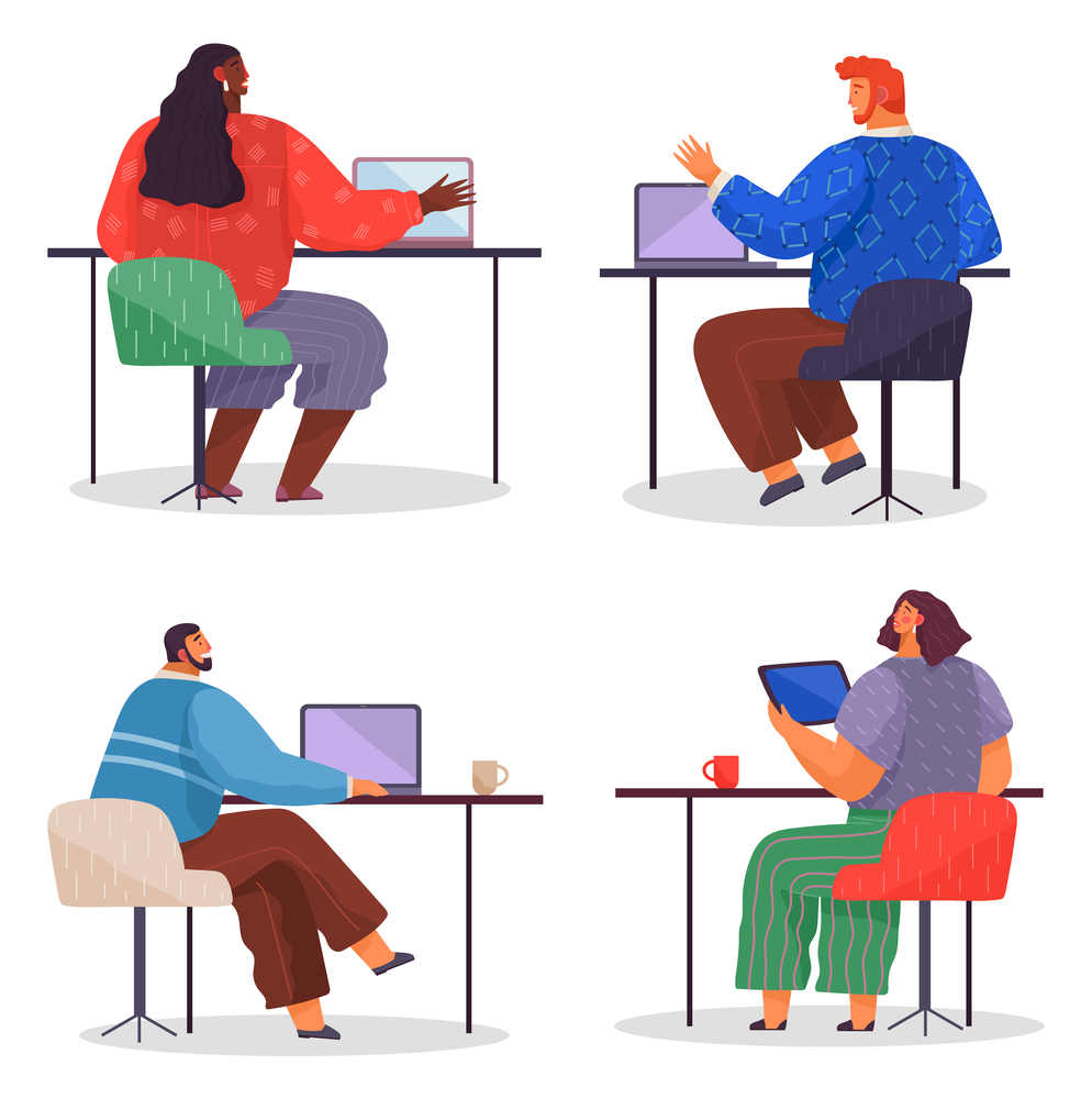 Business characters working in office workplace flat design. Co working people, meeting teamwork, collaboration and discussion, conference table, brainstorm. Businesspeople office life illustration. Business characters working in office workplace. Co working people, meeting, teamwork, collaboration