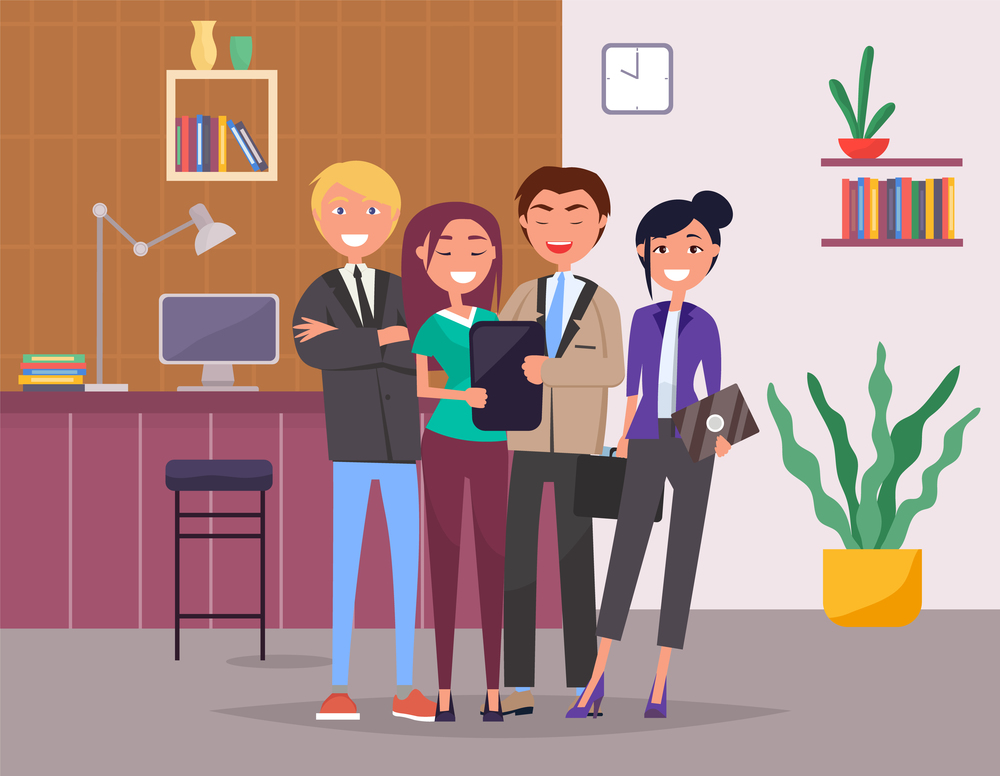 Joyful business workers posing. People in office. Successful business meeting. Table lamp, monoblock, bookshelf, vase, folders with documents, wall clocks, comfortable office space. Flat image. Happy office team stands on cozy office background. Table, chair, computer, shelf, modern interior