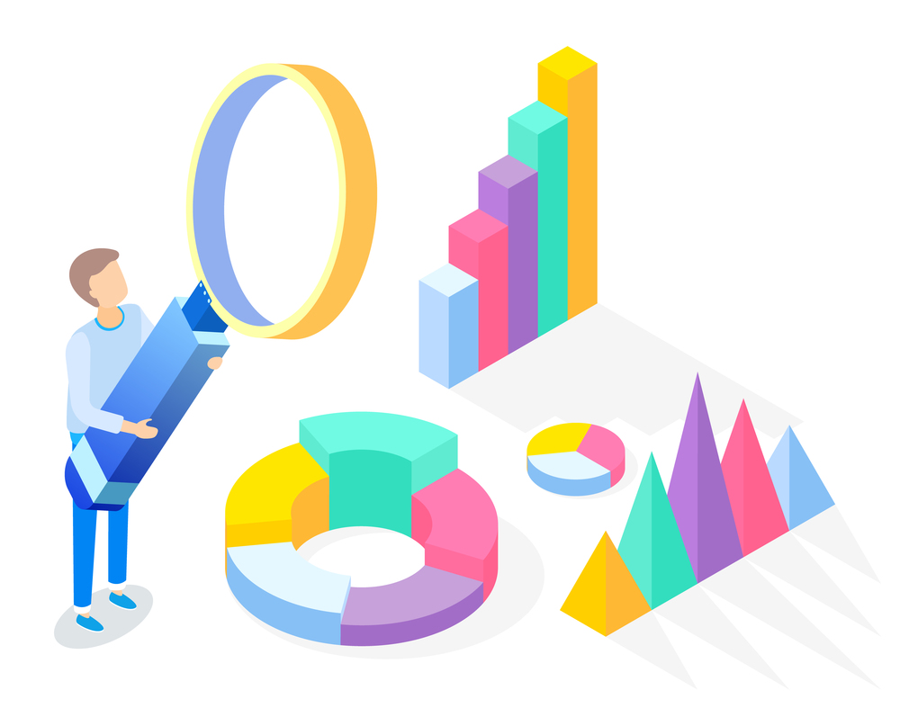 Cartoon man holding huge magnifying glass. Large colorful volumetric pie and bar chart. Pyramids illustrating growth. Analytical data. Research statistics using diagrams. Business forecasting. Man with magnifying glass, volume pie chart, bar graph, analytic infographic. Business forecast