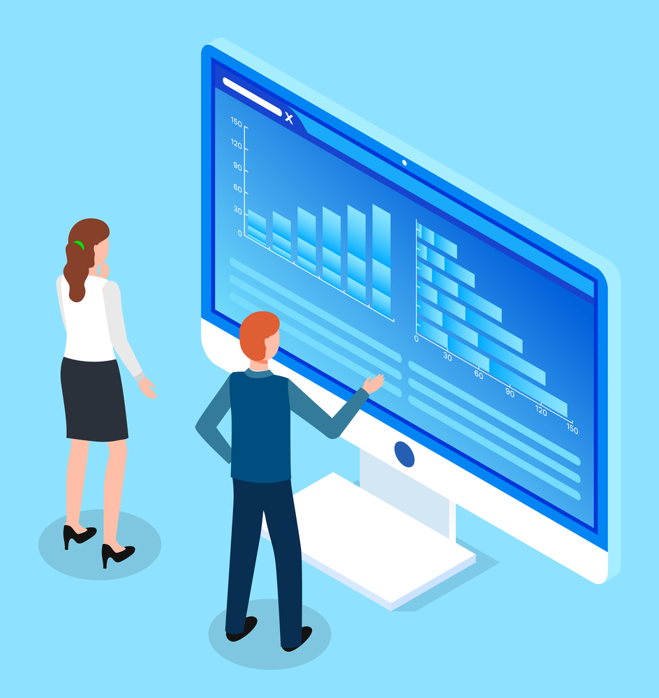 Isometric image of man and woman, back view, standing in front of huge cartoon computer monitor and studying statistical or analytical data, bar charts, numbers scale. Traders monitor data. E-commerce. Man and woman study charts, bar charts, analytical data. Large monitor with data. Isometric image
