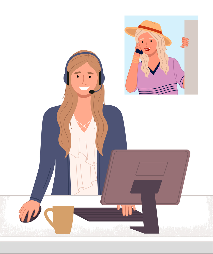 Character female call center hotline. Online support worker, telephone service operator. Satisfied girl manager and happy smiling customer woman with phone. Remote service specialist with headphone. Character female call center hotline. Online customer support worker, telephone service operator
