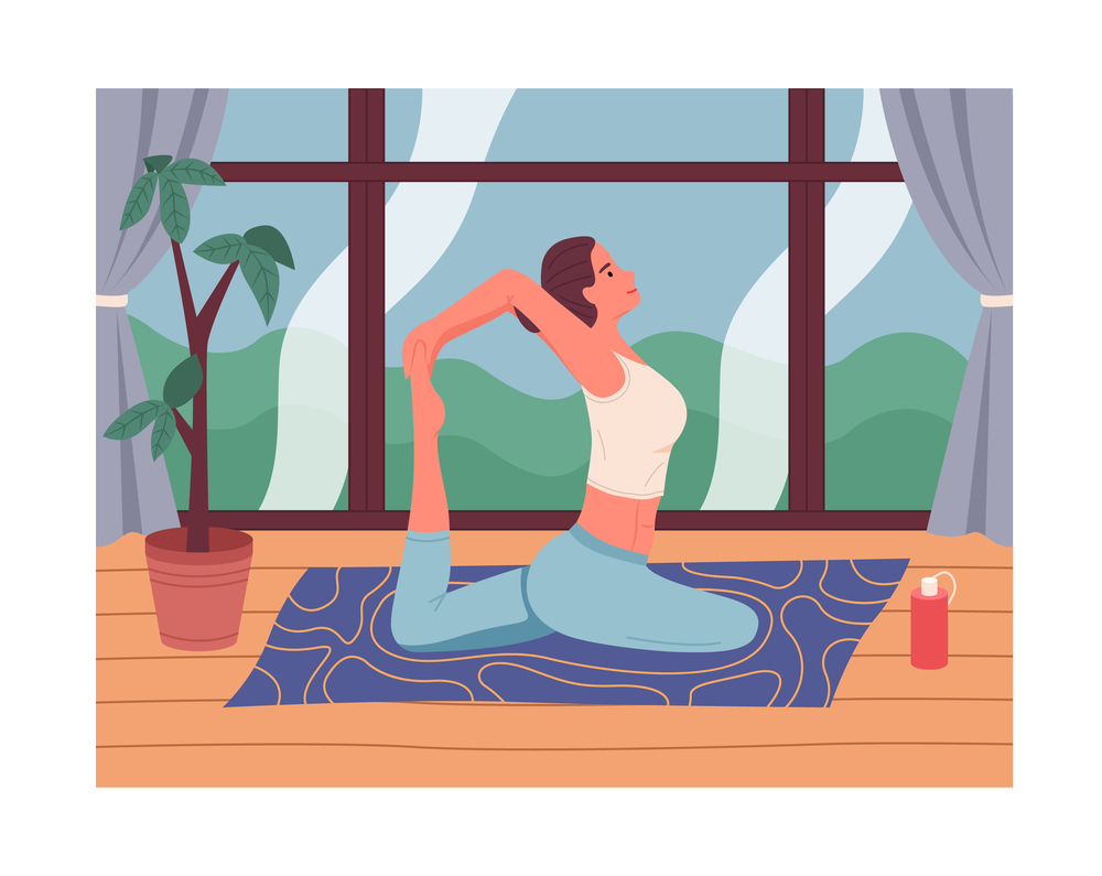 Young girl in leggings practices yoga at Karimat in front of the window, a potted plant, a bottle of water. Yoga for relaxation. Woman doing pilates during isolation. Sports and leisure at home. A woman practices yoga or Pilates at home. Relaxation and self-improvement during quarantine