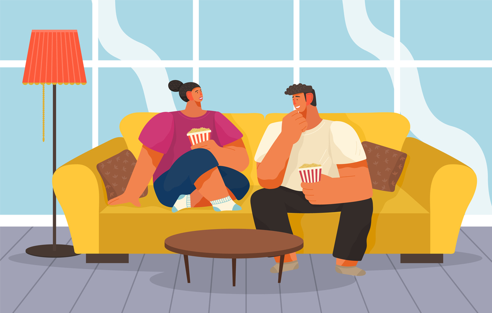 Cartoon couple or friends are sitting on yellow sofa with popcorn in their hands and talking. Red floor lamp, round coffee table in the living room. Home cozy interior, life of a young couple. Young married couple at home on the couch with popcorn in their hands. Home talk, movie discussion