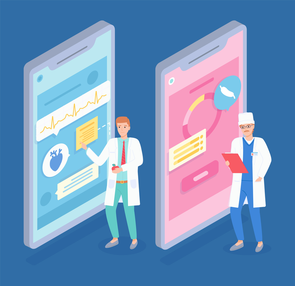 Set of isometric illustration of online medicine service. Consultation to gastroenterologist and cardiologist on a smartphone. Doctors characters with modern technology with diagram for medicine. Set of doctors characters. Examine and talking to a patient by smartphone. Flat vector image
