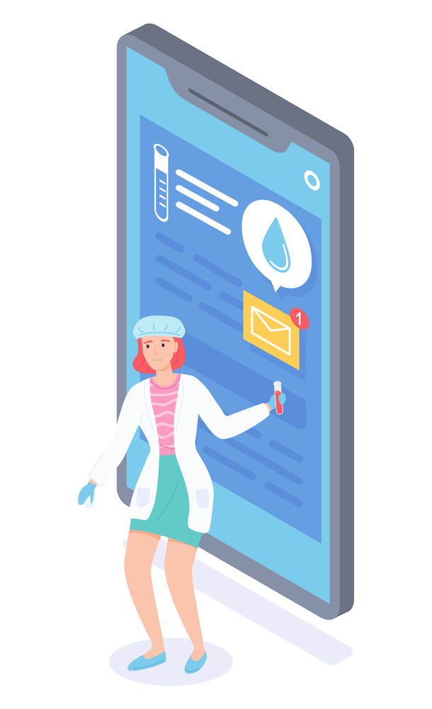Medical assistant stands and holds flask with liquid. Huge smartphone with online chat between the medical specialist and patient. Big smartphone screen information about analyzes, treatment. Laboratory assistant chat with patient online. Smartphone screen with tests and diagnosis data