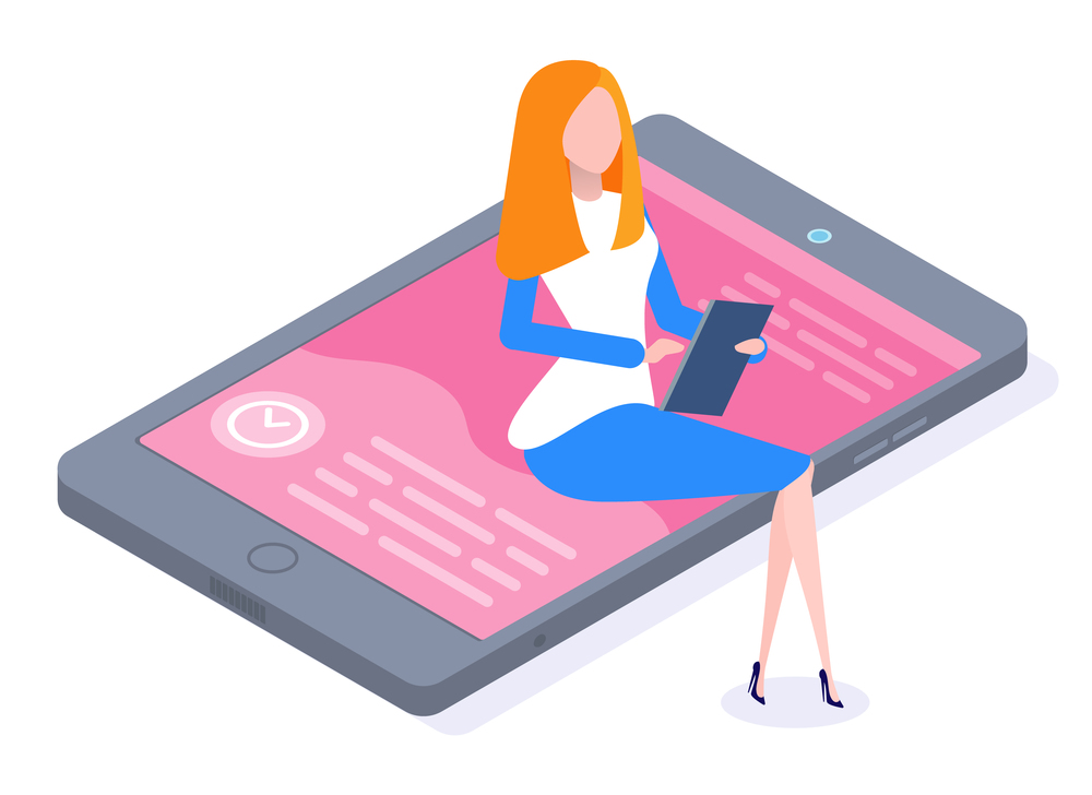 Young woman in blue skirt, white blouse sits on pink screen huge smartphone with tablet in her hands and chatting. Smartphone screen with text messages and clocks. Flat illustration isolated on white. Girl sitting on the screen of big cartoon smartphone with tablet in her hands. Vector image