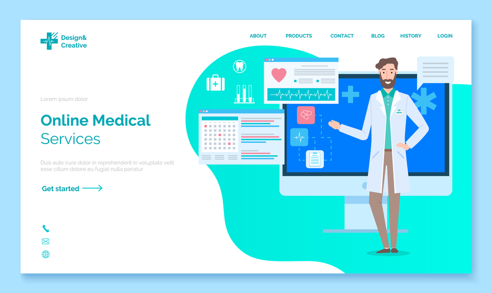 Landing medical site page. Online medical services. Doctor on the background of a computer monitor with graphs and reports. Symbol of first aid. Flasks, test tubes, cardiogram. Flat illustration. Online medical service concept. Landing web page with doctor and computer screen. Medical reports