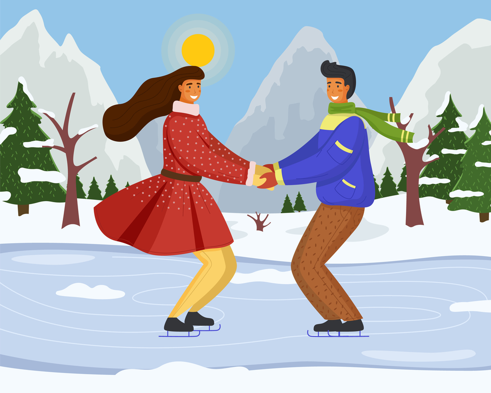 Married couple skating in winter park or forest. Girl in red dress, guy wears blue jacket, holds girl hands. Snowy landscape, snowflakes, frost weather. White background. Spend time together. Romantic couple skating in city winter park. Ice skating, spruces, frost, sun, winter weather