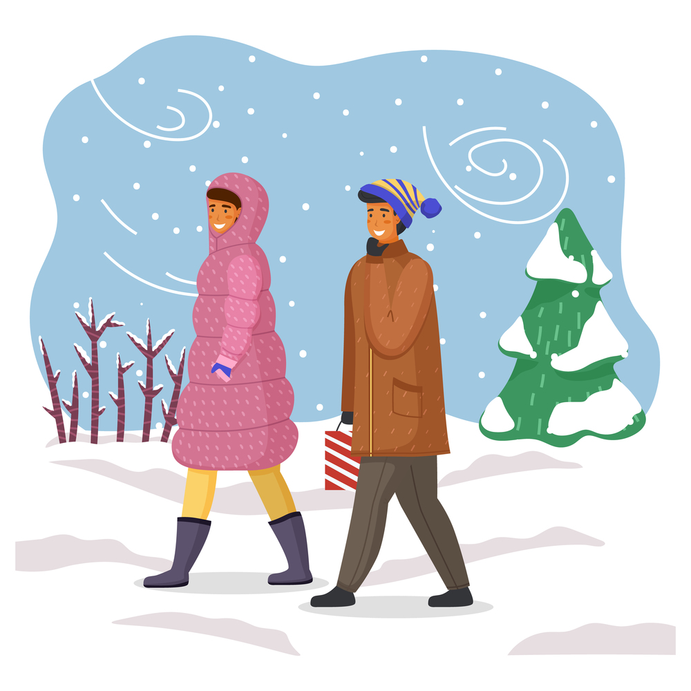 Woman in pink down jacket with hood, man in warm jacket, hat, with paper gift bag. Winter time, blizzard, snow, icy spruce. Married couple visiting on New Year s holiday. Snowflakes, winter sky. Married couple in warm clothes is walking in the snow. Blizzard, snow, snowy spruce, frosty weather