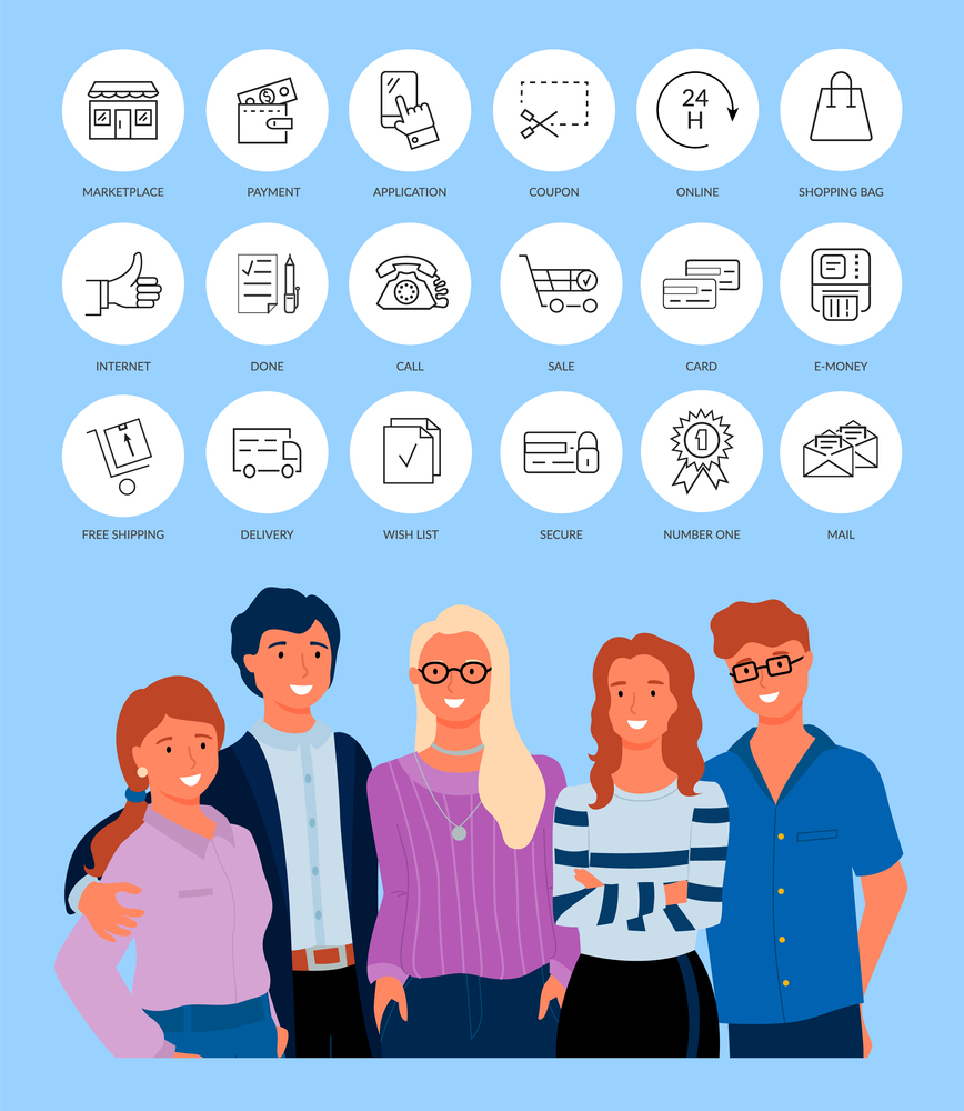 Employees character, round button marketplace, payment and application, coupon and online, shopping bag, call and sale, card and e-money, delivery vector. Shopping Link, Payment and Card Icon, Money Vector