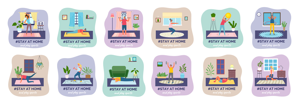 Set of stay home activities. Play different kind of sports. Fitness, sport, athletics, training. I stay at home awareness social media campaign and coronavirus prevention. Flat image illustration. Home sport activities set. Stay home during the coronavirus quarantine epidemic. Flat image
