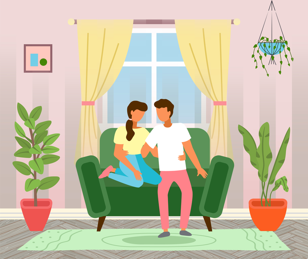 Cartoon happy romantic couple sitting and embracing on green sofa. Watching tv. Wooden grey floor, lush green large-leaved plant in the living room. Home cozy interior, life of a young couple. Young married couple at home on the couch, sitting and embracing. Home relaxion, movie discussion