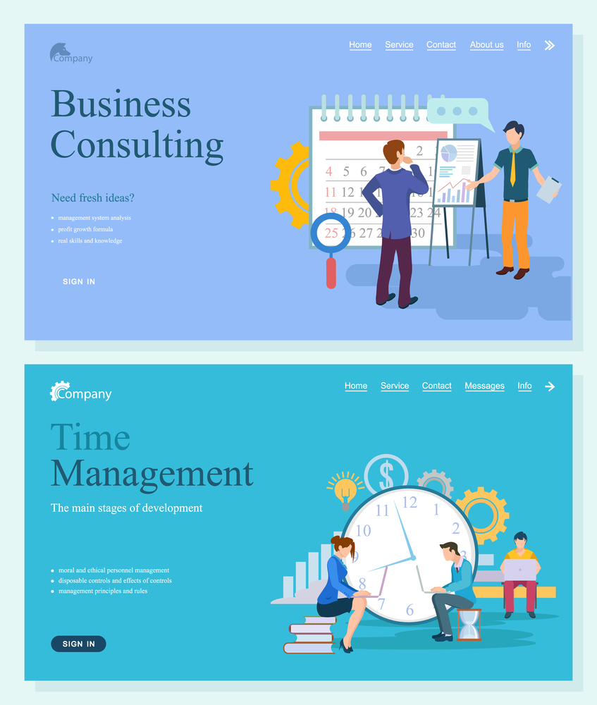 Business consulting of fresh ideas, system analysis, profit growth and knowledge. Time management, main stages of development, principles and rules vector. Website template, landing page flat style. Company Development, Business Management Vector