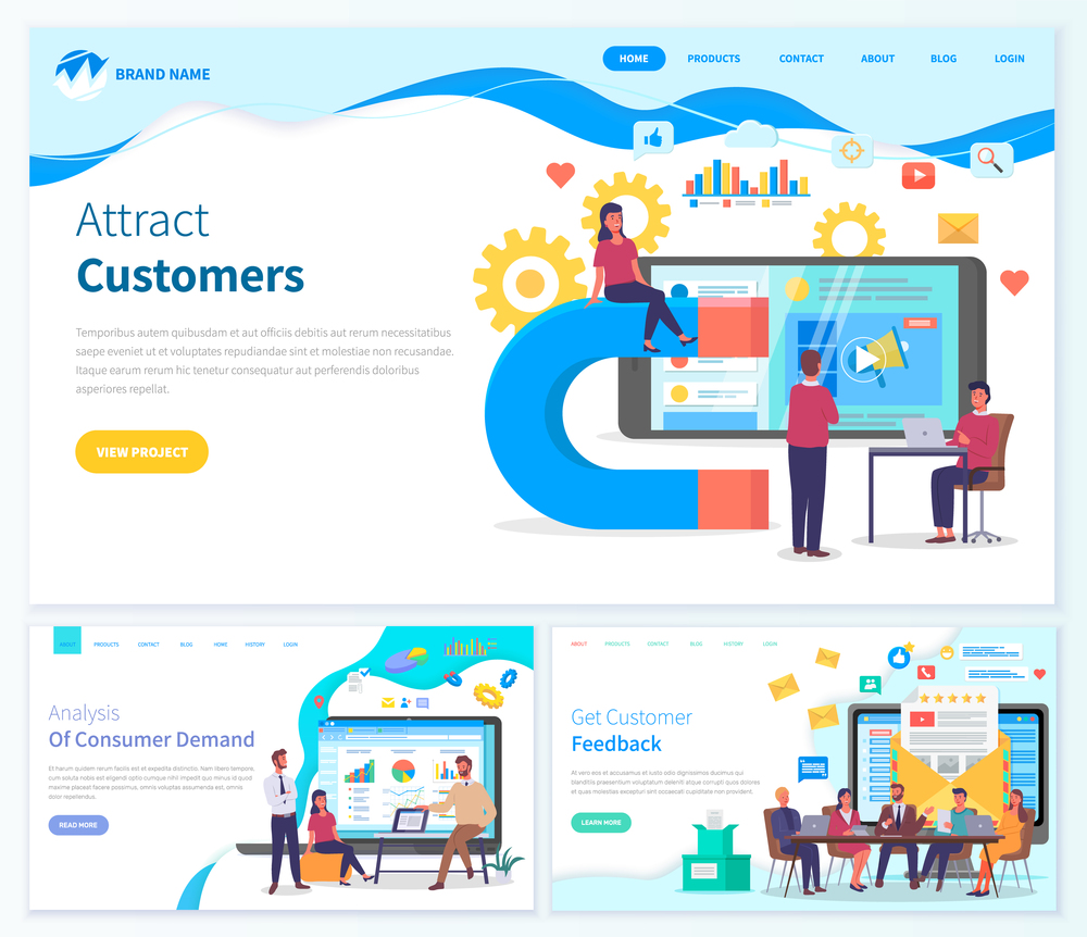 Landing page customer attraction website.Girl sits on large conceptual magnet, man at laptop, large smartphone screen with promotional video. Variety of infographic icons. Website templates customer. Website Templates. Concept of attracting customers, analysis of customer demand, get user feedback