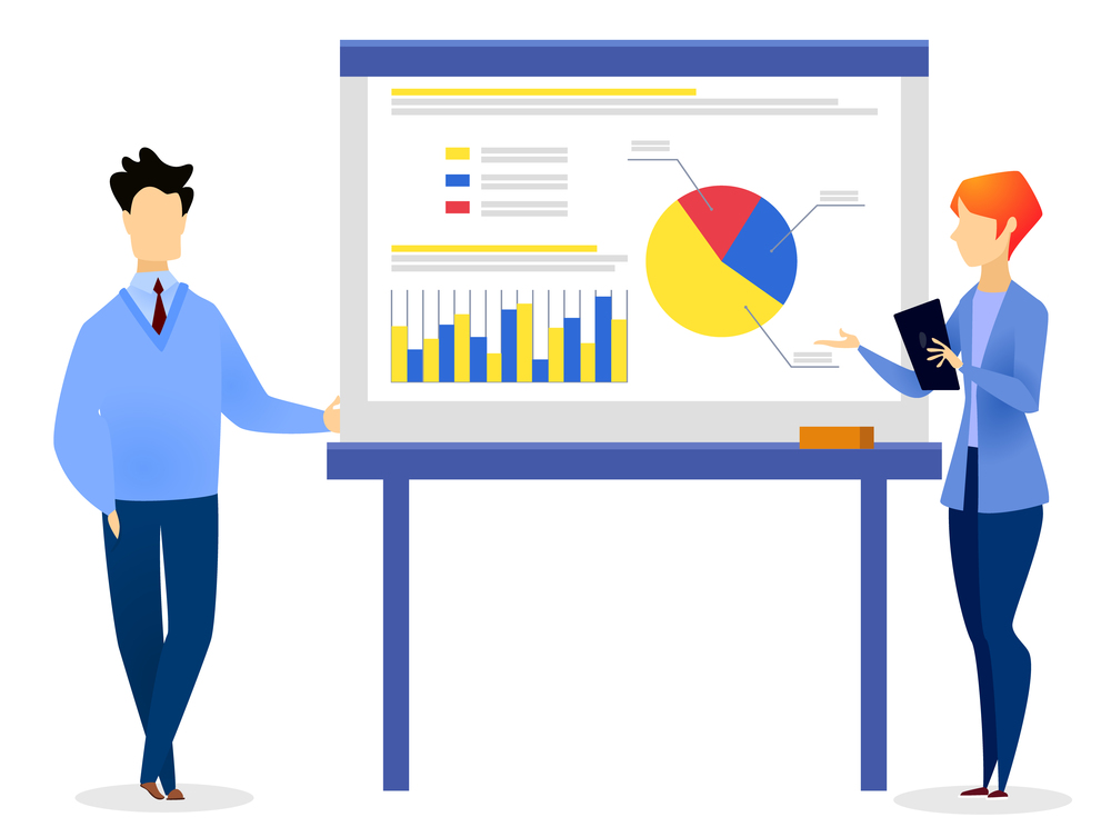 Managers presenting schema with diagrams and charts about business project. Office workers on appointment, presentation of plan. Woman and man stand near data board. Vector illustration in flat style. Woman and Man, Managers Present Schema on Meeting