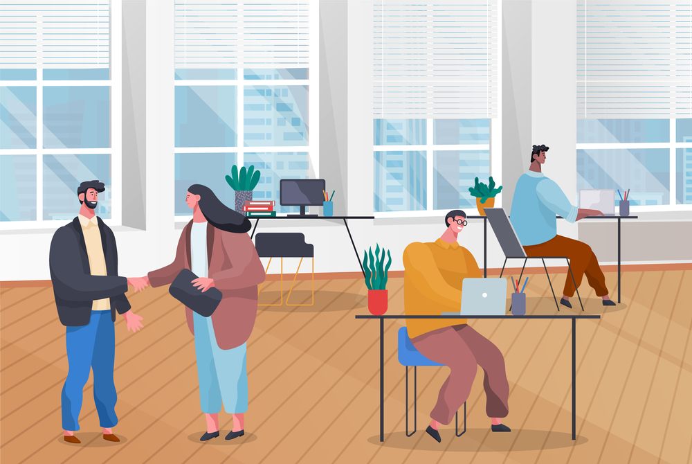Workers in office, height of working day. Woman and man shake hands as cooperation sign. Men working on laptops. Spacious office space, panoramic windows, shutters, workplace equipment. Flat image. The team works in office. Making deal. Employees work on laptops in modern office space. Flat image