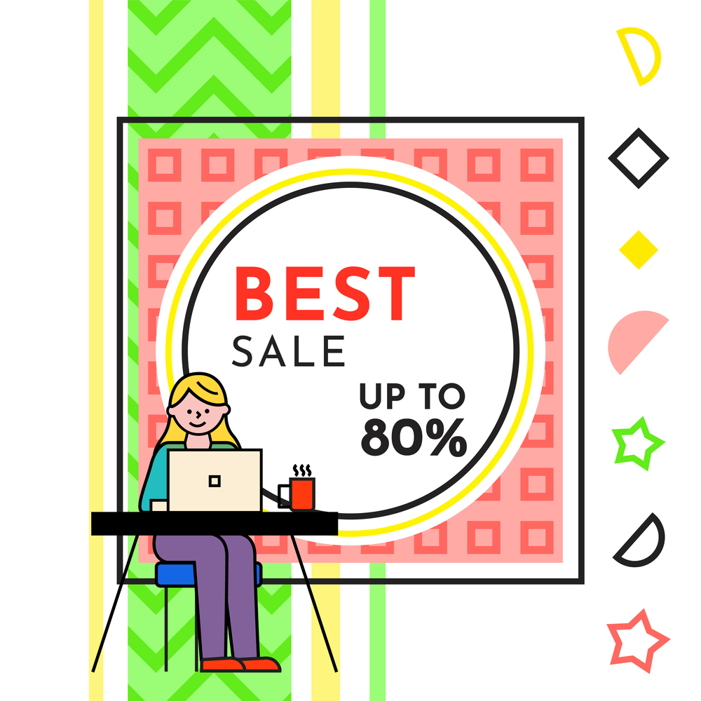 Sale banner with a woman with laptop sitting at a table near advertising poster with lettering best sale up to 80 . Smiling girl typing on keyboard, discount shopping time, new season sale poster. Sale banner with a woman with laptop sitting near advertising poster with lettering best sale