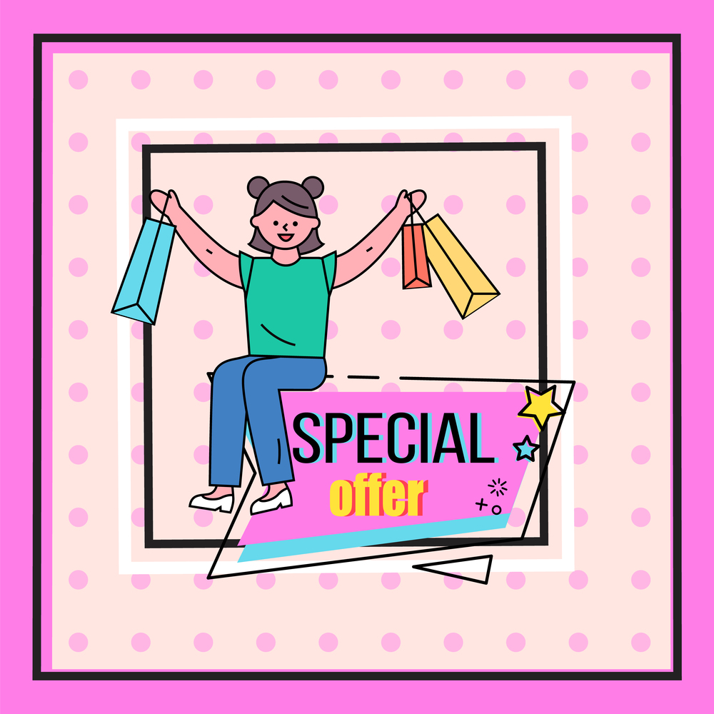 Special offer sale banner with a woman holding shopping bag sitting on the advertising poster with lettering. Smiling happy girl with shopping or gifts, discount shopping time, new season sale poster. Special offer sale banner with a woman holding shopping bag sitting on the advertising poster