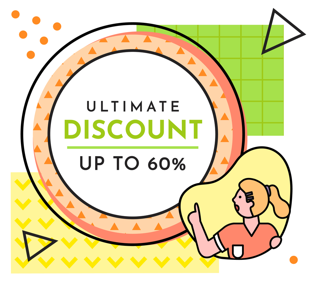 Ultimate discount sale banner with a happy woman standing near advertising poster with lettering up to 60 . Smiling girl shows her hand to the broadsheet, discount shopping time, new season sale. Ultimate discount sale banner with a smiling woman standing near advertising poster up to 60