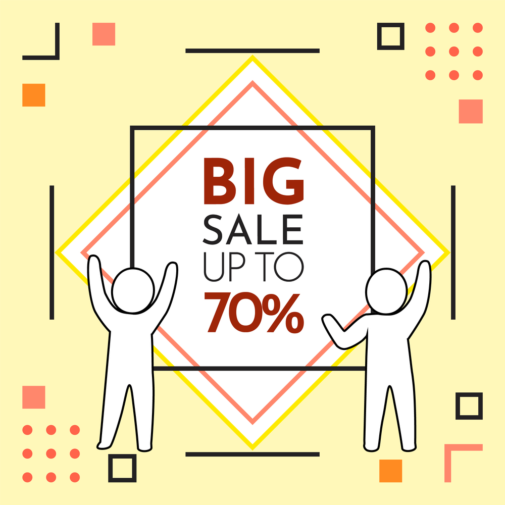 Big sale banner with people silhouettes standing near advertising poster with lettering up to 70 . Characters show their hands to the broadsheet, discount shopping time, new season sale illustration. Big sale banner with people silhouettes standing near advertising poster with lettering up to 70