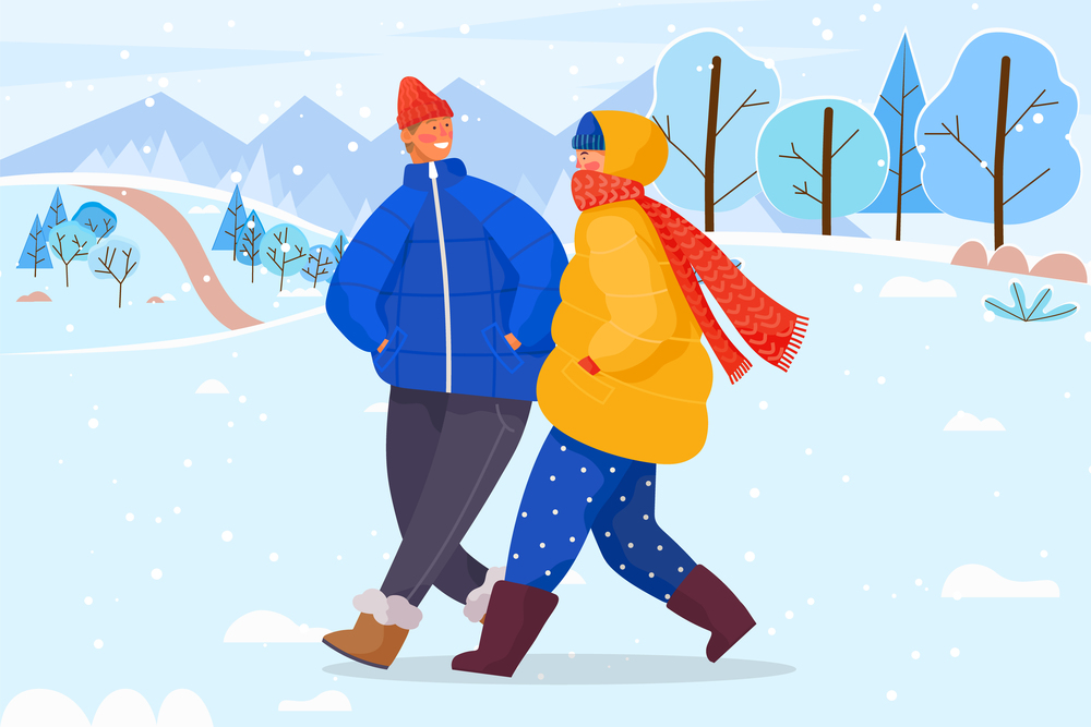 Man and woman walking and talking in park. Friends strolling on snowy ground in lawn or forest. People in warm clothes like hat and scarf, overcoat and boots. Vector illustration in flat style. People Walking and Talking in Winter Snowy Forest