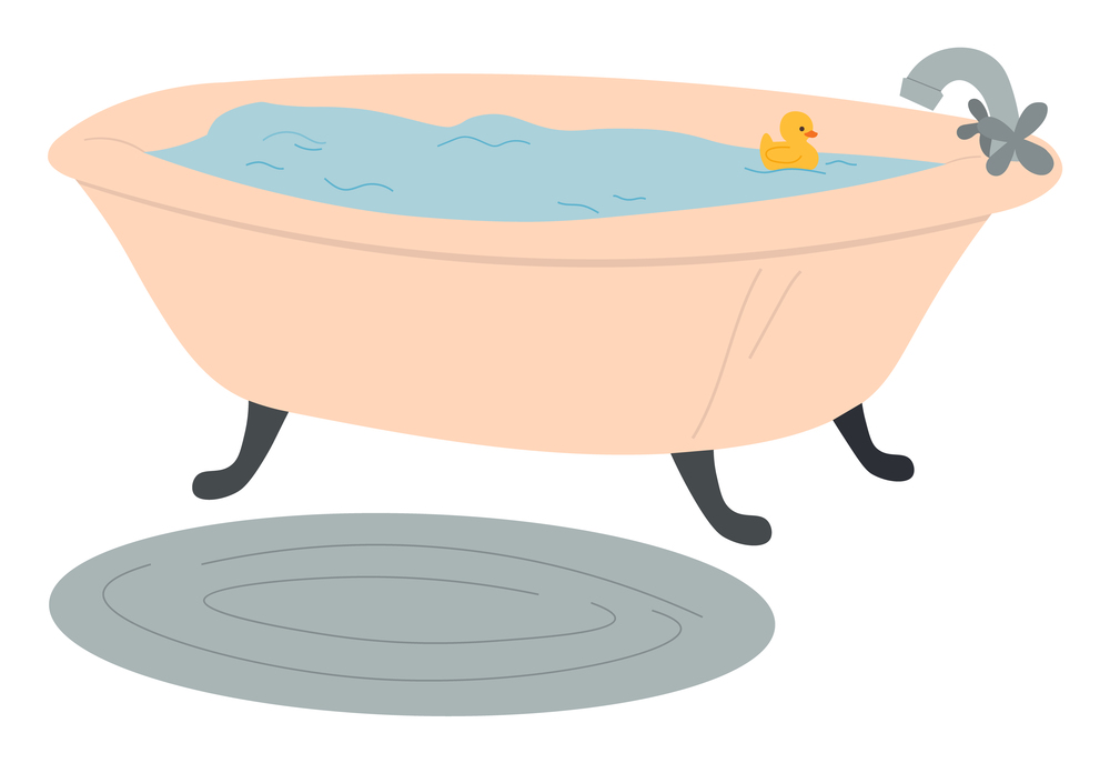 Bathtub full of water, rubber yellow toy duck, bath in the bathroom, oval gray fleecy rug on the floor. Relaxing, washing, bodycare, home spa treatments. Vector cartoon flat image of bathroom element. Vector image of a full water bathtub, duckling, fleece floor mat. Relaxation, washing, om white