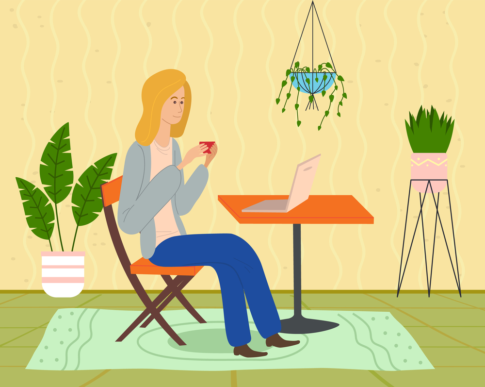 Young blonde girl is sitting on a chair at a table with a laptop, with a red cup and surfing the internet. Watch the video online. Cozy home interior, hanging flower, green rug. Flat vector image. Girl with a cup sits at a table and watches a video on a laptop. Surfing internet. Flat image