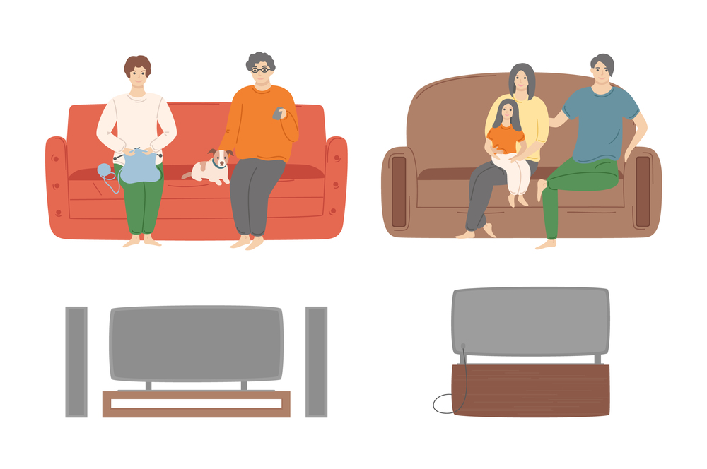 Couple and family people watching tv set vector, female knitting and male sitting with dog looking at screen of television, movies film, mother and father. People Relaxing at Home by Watching TV Shows Set