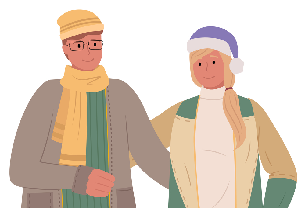 Man in glasses and woman hugging. Guy and his girlfriend stand and smile. People dressed in warm clothes like overcoat, hat and scarf. Couple isolated on white background. Vector illustration in flat. Couple Smiling and Posing, Man Hugging Girlfriend