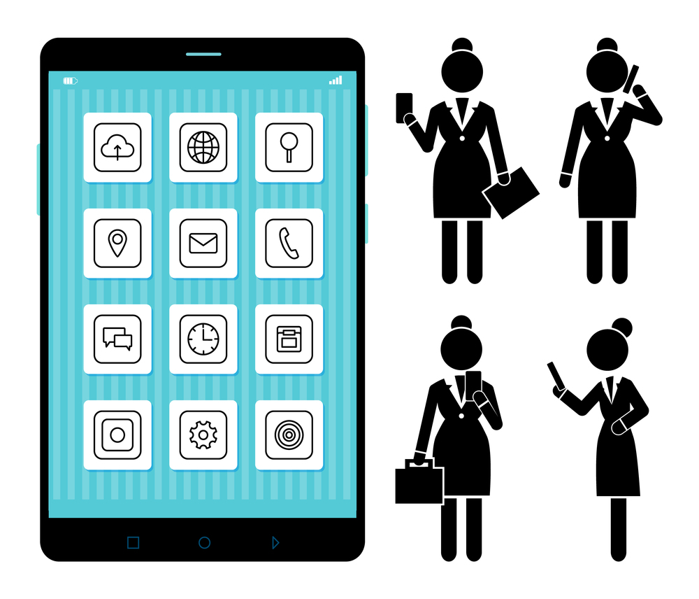 Mobile phone applications navigation communication icons set, business conversation concept. Big phone screen and business woman talking on a telephone, modern interaction technologies flat design. Mobile phone applications navigation communication icons set, business conversation concept