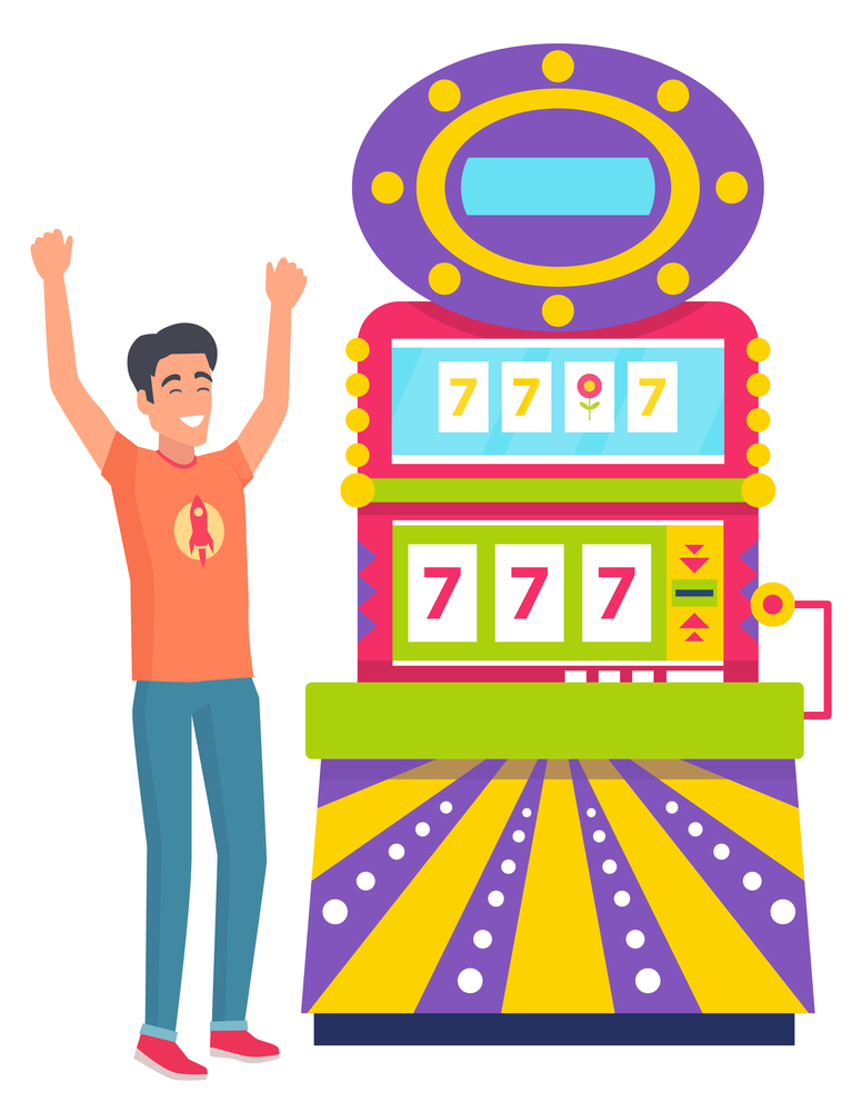 Happy man winning in casino vector, slot machine with lucky sevens. Triple 777 number luck of person gambling in gaming house, gambler with smile. Game Machine Character Gambling in Casino Vector