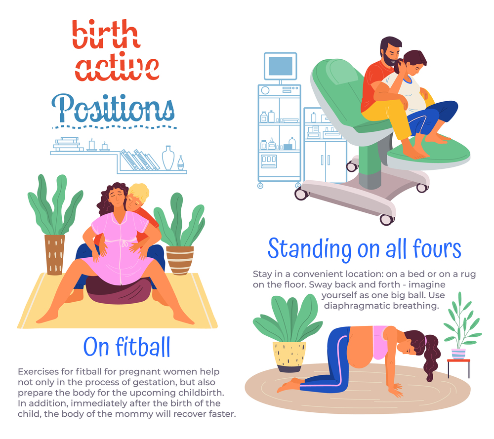 Position of pregnant woman, reproduction set. Females with belly giving birth on all floors, fitball. Husband helps childbirth. Birth labor positions and postures. Get ready for upcoming childbirth. Women preparing for upcoming birth. Childbirth positions on floor, fitball. Husband s helps