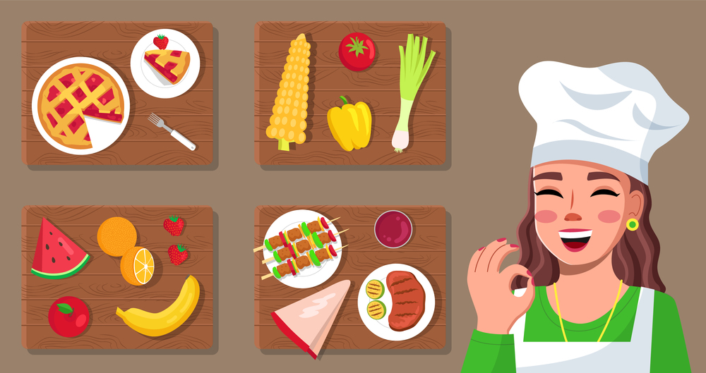 Set of cook pictures. Young woman cook shows ok sign. Gourmet food image. Master class about cooking delicious food. Cherry pie, vegetables, meat, fruits. Blogger, streamer. Flat vector illustration. Cook woman blogger, food, dishes. Cooking online, cooking blog. Flat image on brown background