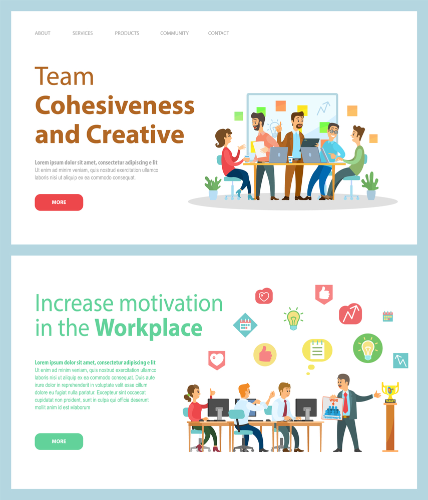Team cohesiveness and creative website vector. Increase motivation in the workplace landing page template. Office workers sitting at a table with laptops and communicating, creative innovation. Team cohesiveness and creative, Increase motivation in the workplace landing page template