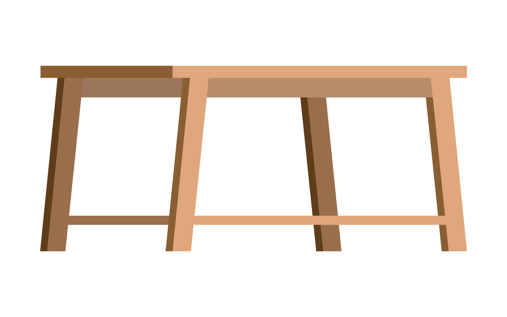 Wooden coffee table flat vector illustration. Element of interior furniture, small low table or bench made of boards isolated on white background. Home comfort concept, cafe furnishings side view. Wooden coffee table vector illustration. Element of interior furniture, small low table or bench