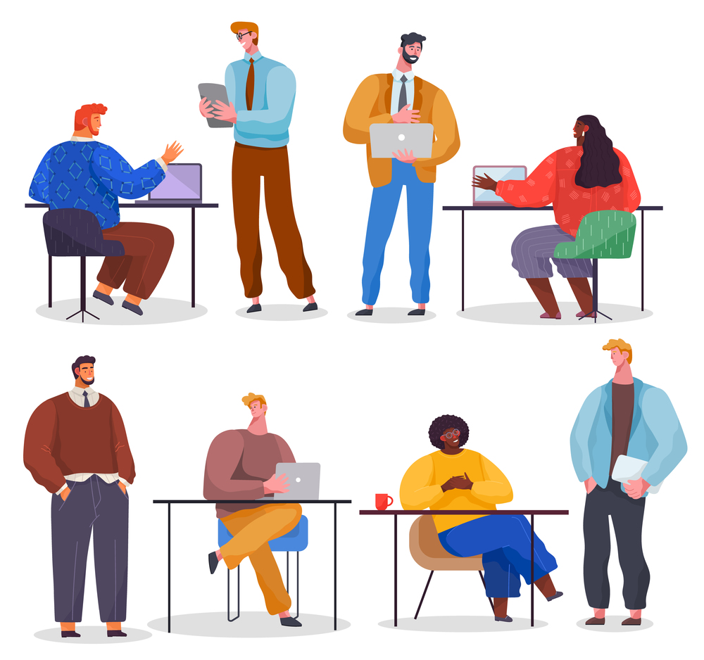 Business characters working in office workplace at the table with laptop flat design. Co working people, meeting teamwork, collaboration and discussion. Businesspeople office life illustration. Business characters working in office workplace flat design. Co working people, meeting teamwork