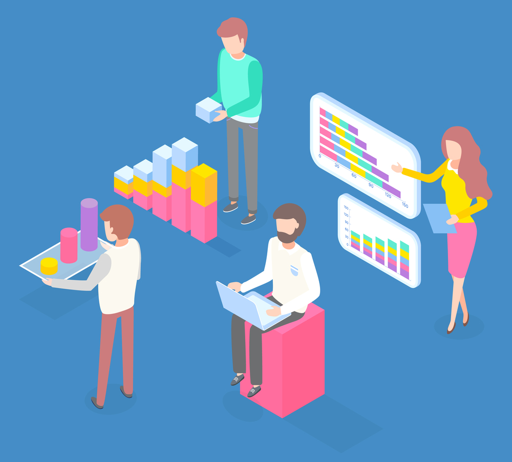 Man stands and holds conceptual bar chart on stand. Woman holds presentation pointing to large stand with statistical information. Man sits with laptop on his lap. The guy building pyramid diagram. Isometric image of team working with data analysis. Bar chart, chart, graph. Flat Vector image