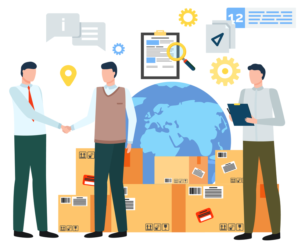 People making deal, isolated characters shaking hands. Globe and parcels, document and geolocation poitier. Businessman and assistant with clipboard making notes on contracts. Vector in flat style. Business Deal of Partners, Globe and Parcels Set