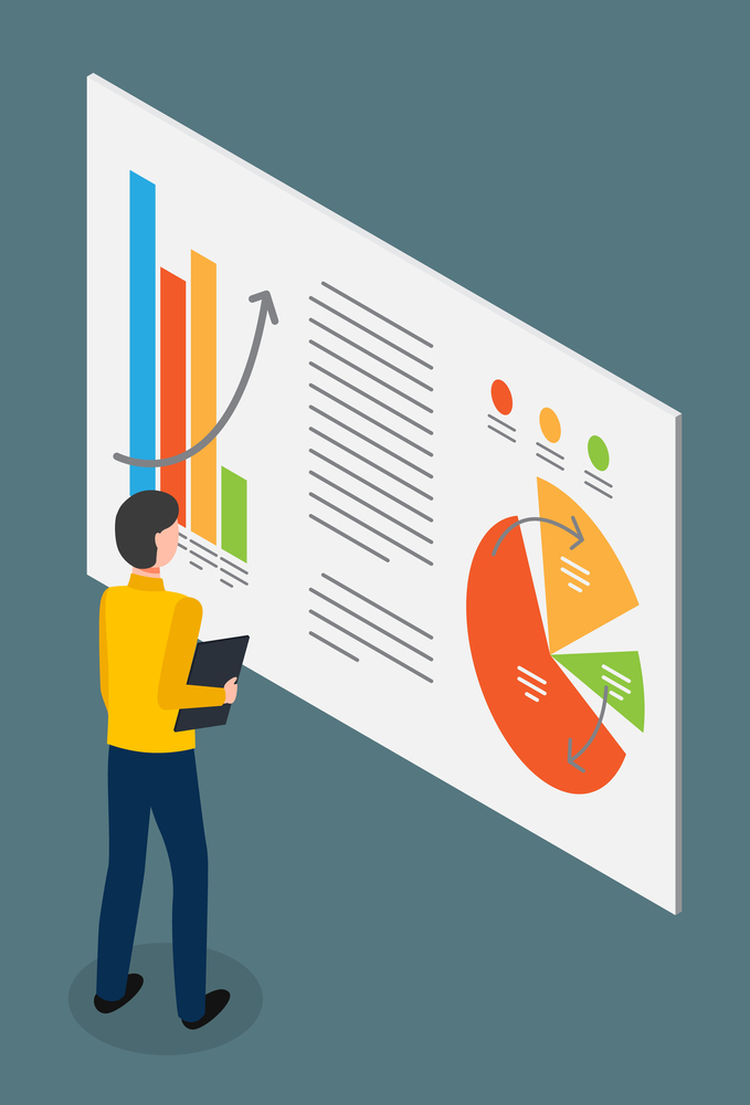 Isometric image of man, back view, standing in front of huge cartoon stand with charts, bar and pie charts and studying statistical or analytical data. Trader monitors information. E-commerce. Man istudying pie and bar charts with analytical data. Big board in the data. Isometric image