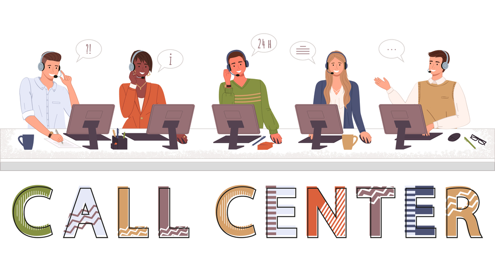 Call center, hotline flat vector. Smiling office workers with headsets cartoon characters. Call center workers help clients. Customer support department staff, telemarketing agents. Multiethnic team.. Call center, hotline suppoters. Office workers answer customers calls. Peak of the working day