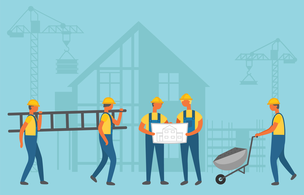 Builders carrying stairs and wheelbarrow, contactors men discussing project. Construction workers in helmet and work clothes, build and crane vector. Contactor and Builder, Construction Zone Vector