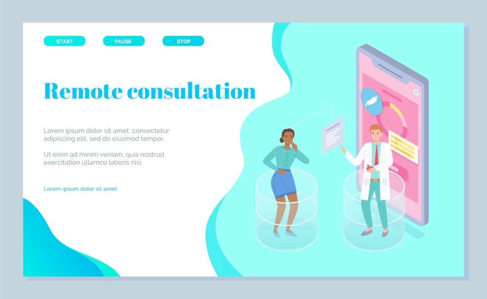 Isometric illustration of landing page online medicine service. Gastroenterologist consults worried woman patient using smartphone. Nutritionist recommends diet. Gastric Healing Results on smartphone. Landing page of medical site with gastroenterologist consultation online. Flat vector image
