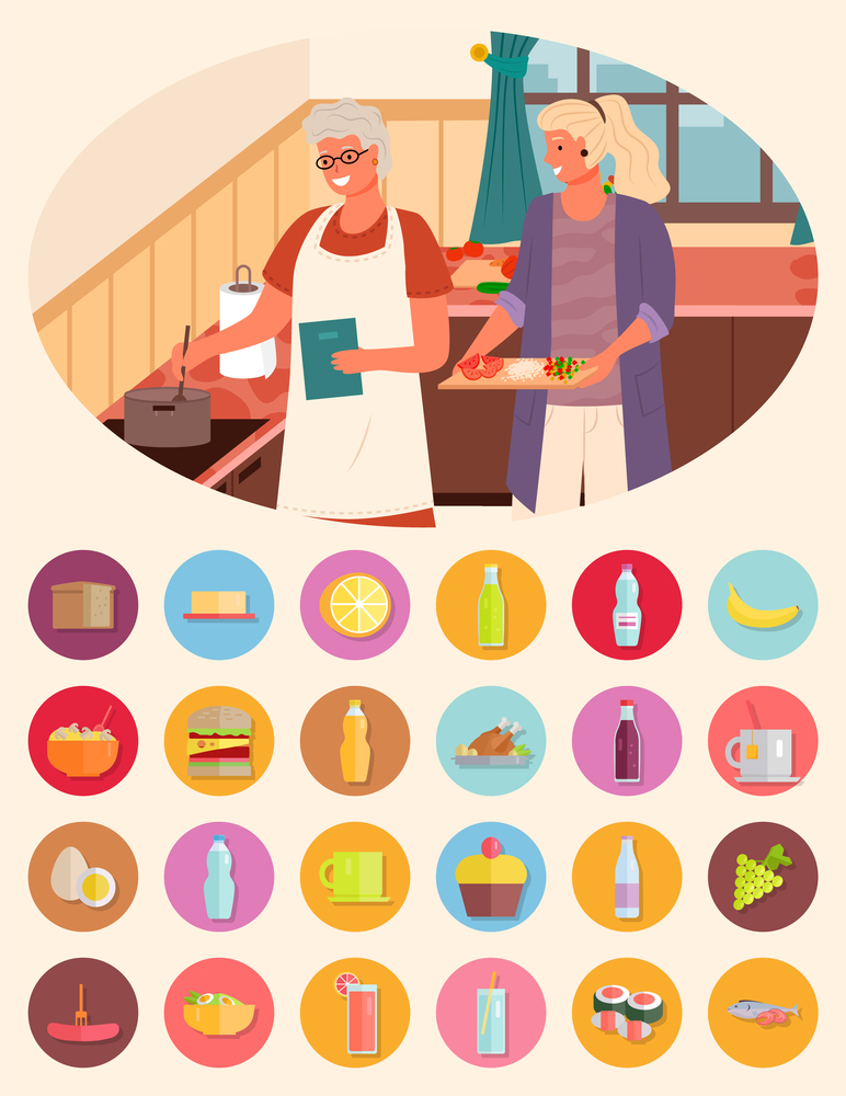 Collection of food ingredients, grandmother and granddaughter cooking soup together. Bread and cheese, water bottle and cupcake with cherry. Grapes fruit and tea in cup, japanese sushi vector. Granny and Granddaughter Cooking Together Set