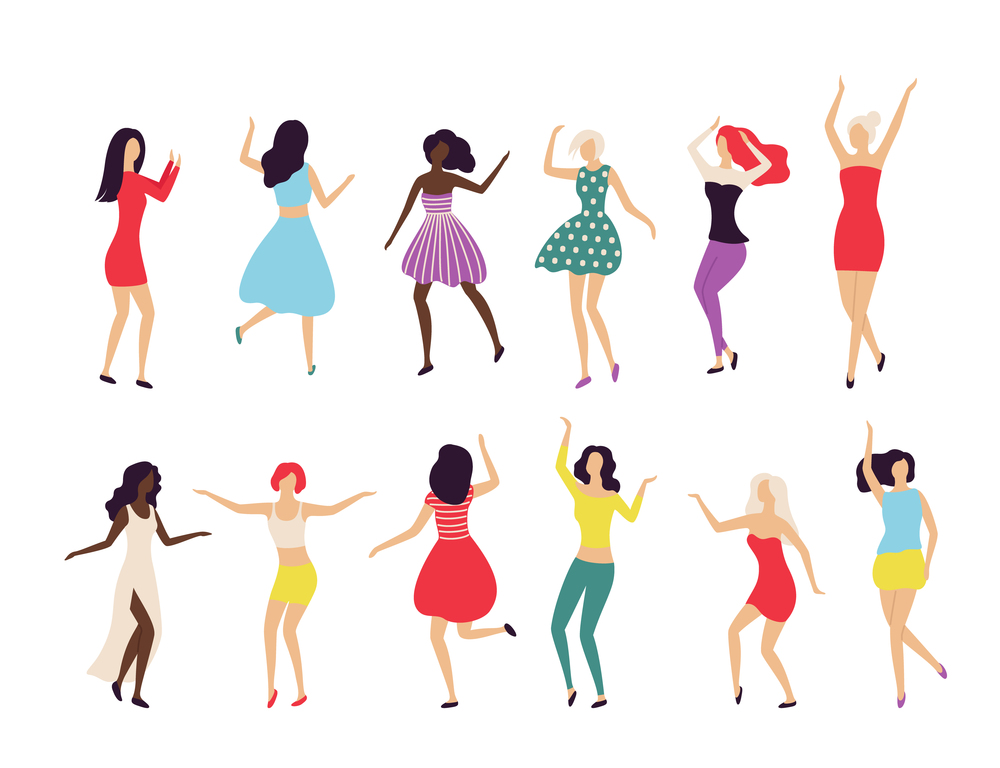 Set of dancing girls in flat style. Young woman dance, dancer pose set, fashion and happy vector illustration. Female characters in various clothes in different dance poses, movement people isolated. Set of dancing people in flat style. Young woman dance, dancer pose set, fashion and happy