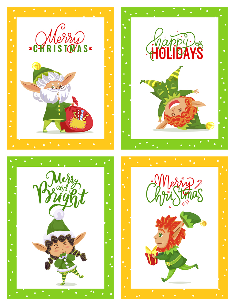 Elves on Christmas greeting cards, Santa helpers with gifts. Little dwarfs having fun and carrying presents, winter holidays wish postcards. Xmas magic creatures in frame vector illustrations. Christmas Holidays Greeting Cards with Funny Elves