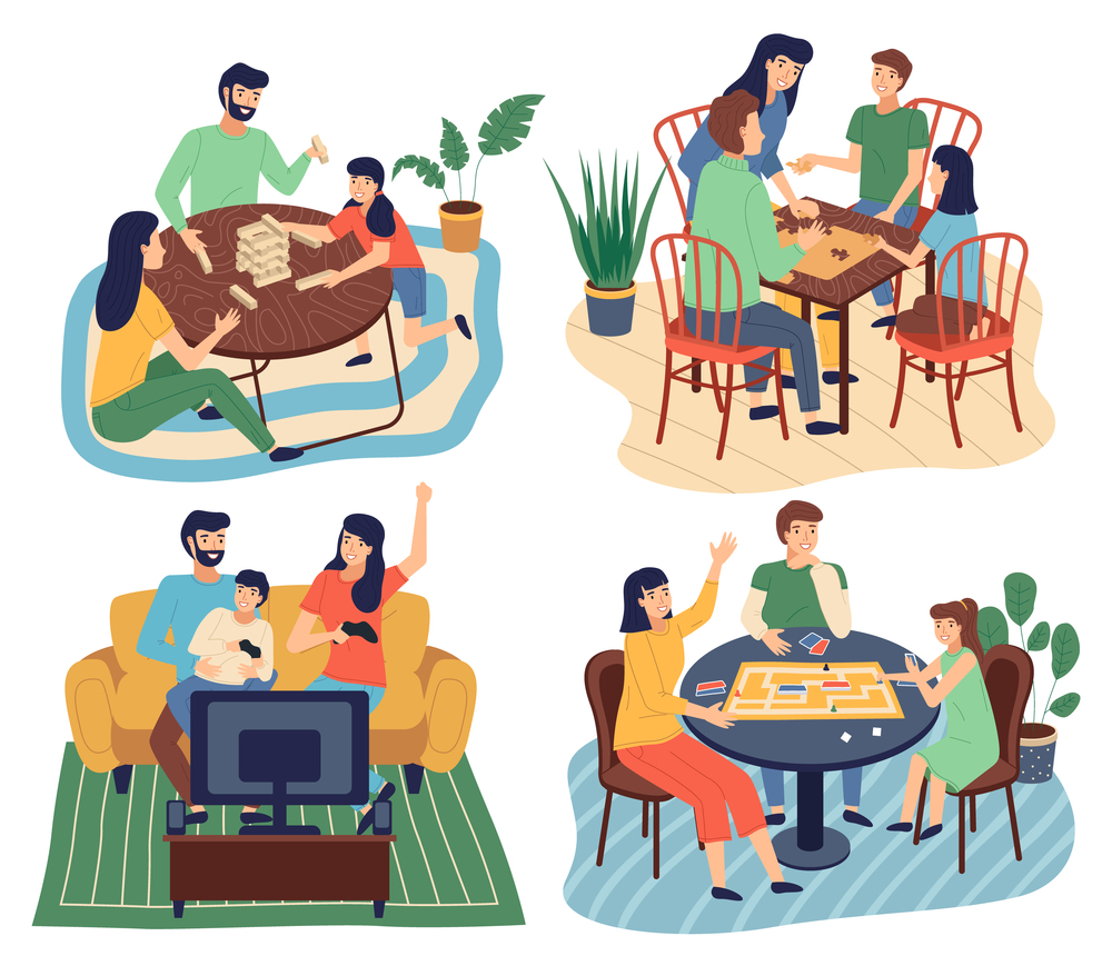 Set of family fun. Families play board games with their children. Video games, monopoly, puzzles. Spend time together. Collection of funny smiling people sitting at table and have fun at home. Families spend time together, play board games, assemble a puzzle, solve puzzles. Flat vector image