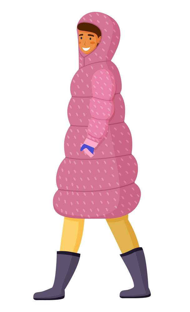 Young girl in pink dotted puffy winter jacket, black warm boots, walks and smiles. Young woman is smiling. Girl in bright winter down jacket, blue mittens. Warm clothes. Flat vector illustration. Young girl in a pink long down jacket, hood, blue gloves. Winter frosty time. Flat vector image