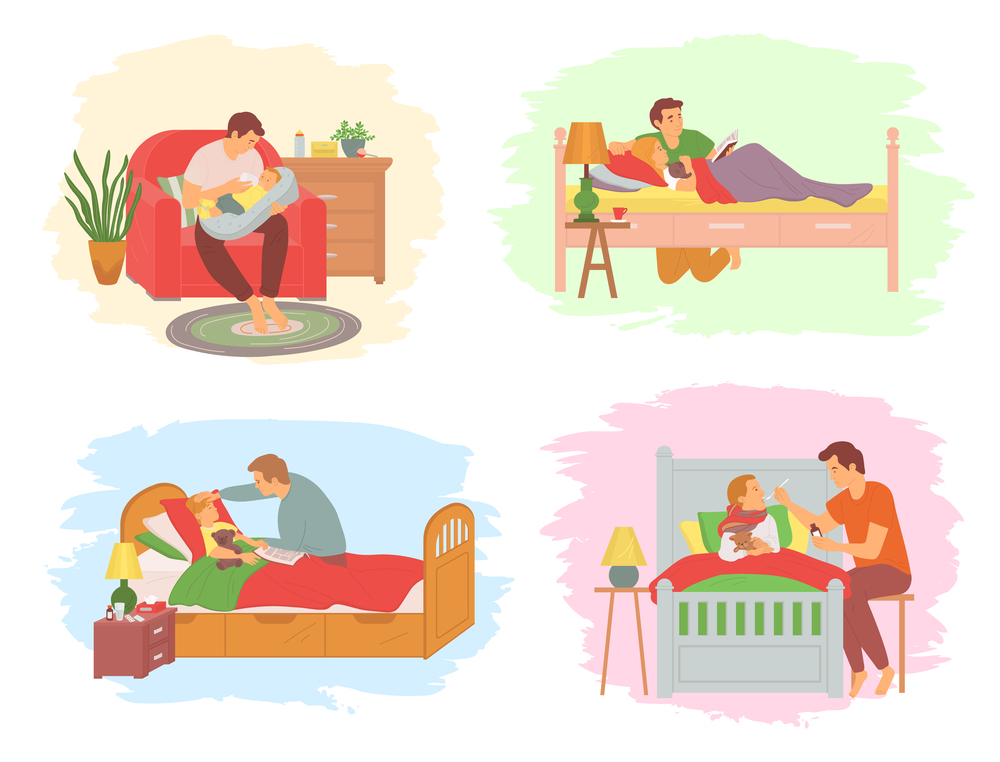 Father caring for newborn baby feeding it vector, man and sick kid laying in bed, daddy reading bedtime stories, nutrition of offspring parenting, concept for Father day. Daddy and Kid, Father Feeding Newborn Child Baby